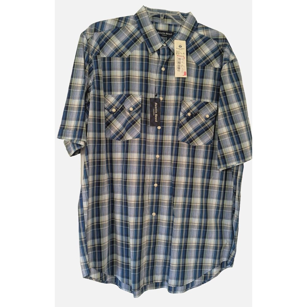 Austin Reed London Men's XL S Sleeve Western  Shirt 100% Cotton Blue Plaid NWT